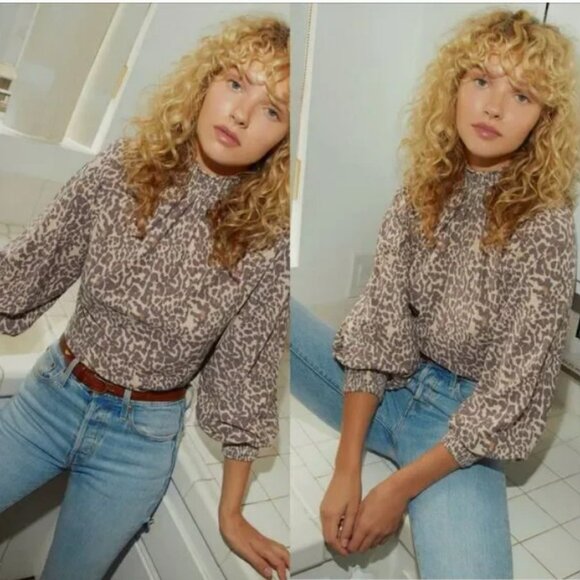 Nation LTD Melanie Smocked Peasant Tee Sz Small Antique Leopard Pima Cotton GUC! - Picture 1 of 9